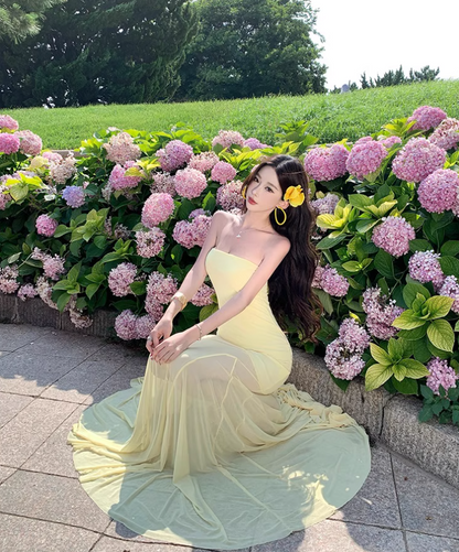 Vintage Vacations Outfit Sheath Gen Z Long Dress Strapless Yellow Sheer Tulle Splicing Long Dress AP1128