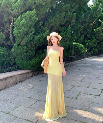 Vintage Vacations Outfit Sheath Gen Z Long Dress Strapless Yellow Sheer Tulle Splicing Long Dress AP1128