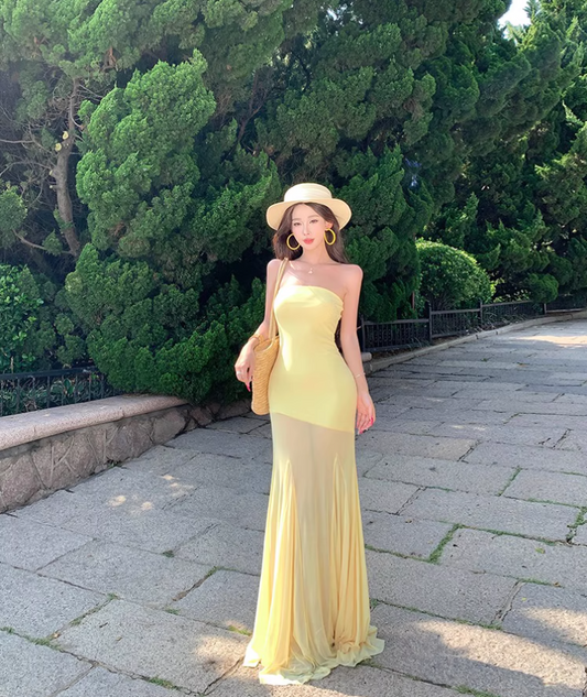Vintage Vacations Outfit Sheath Gen Z Long Dress Strapless Yellow Sheer Tulle Splicing Long Dress AP1128