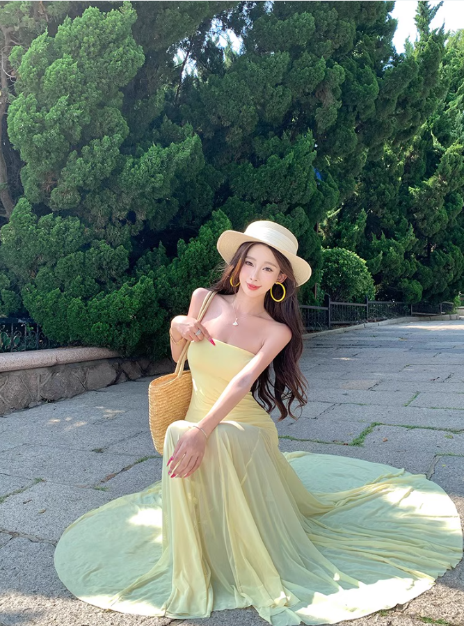 Vintage Vacations Outfit Sheath Gen Z Long Dress Strapless Yellow Sheer Tulle Splicing Long Dress AP1128