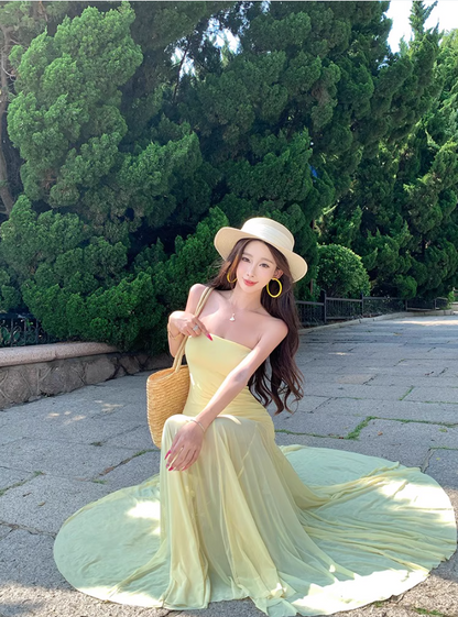 Vintage Vacations Outfit Sheath Gen Z Long Dress Strapless Yellow Sheer Tulle Splicing Long Dress AP1128