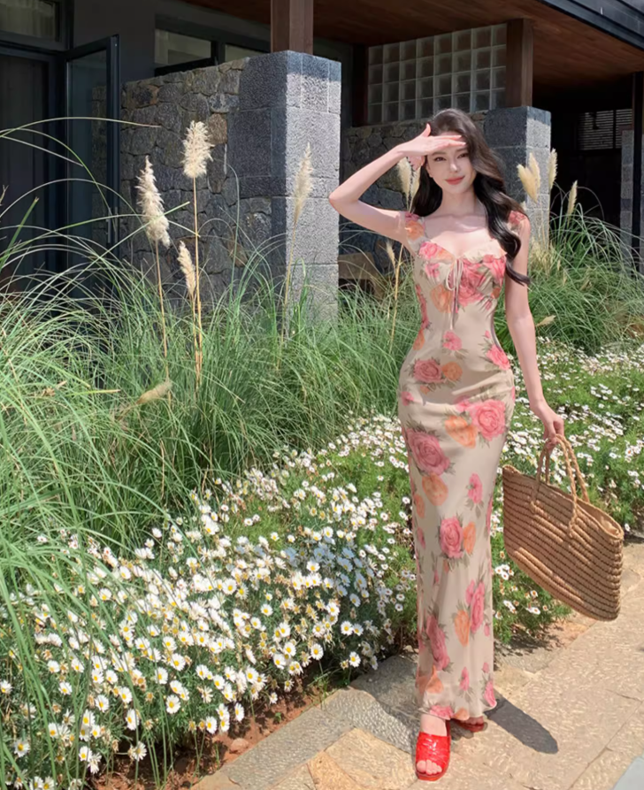 Gorgeous French-Style Hot Sheath Maxi Dress Floral Printed Breathable Fabric Long Dress AP1129