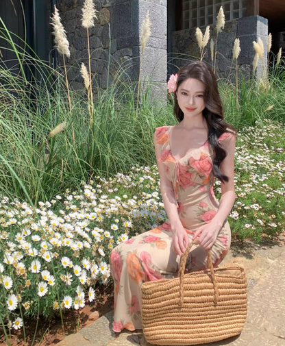 Gorgeous French-Style Hot Sheath Maxi Dress Floral Printed Breathable Fabric Long Dress AP1129
