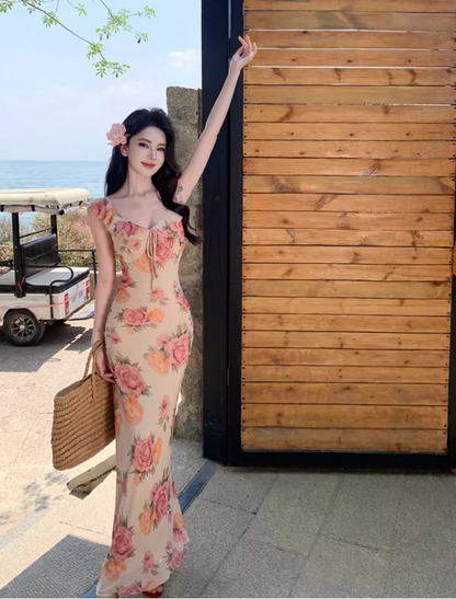 Gorgeous French-Style Hot Sheath Maxi Dress Floral Printed Breathable Fabric Long Dress AP1129