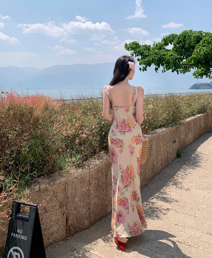 Gorgeous French-Style Hot Sheath Maxi Dress Floral Printed Breathable Fabric Long Dress AP1129