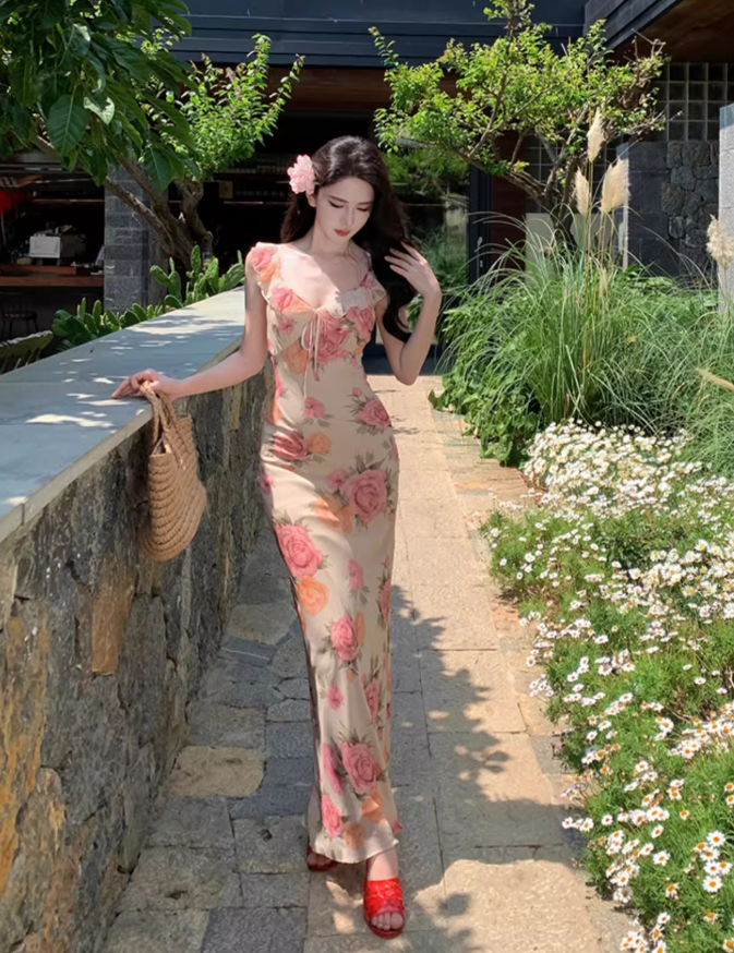 Gorgeous French-Style Hot Sheath Maxi Dress Floral Printed Breathable Fabric Long Dress AP1129