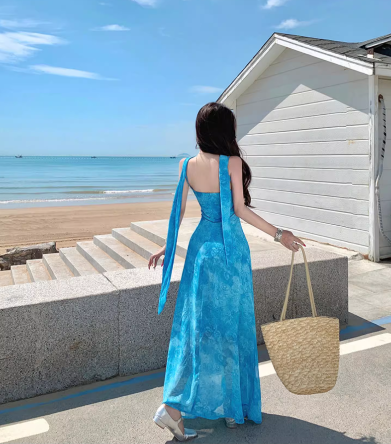 Dopamine Chic Blue Floral Print Tulle Overlay Maxi Dress Vacation Flowy Spaghetti Strap Long Dress AP1130