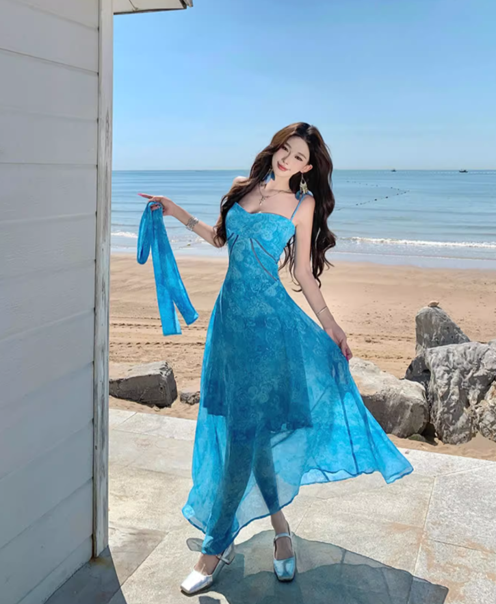Dopamine Chic Blue Floral Print Tulle Overlay Maxi Dress Vacation Flowy Spaghetti Strap Long Dress AP1130