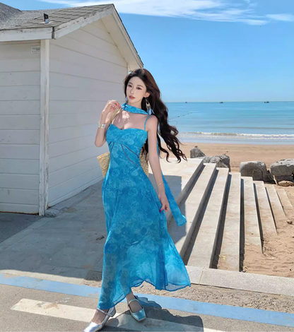 Dopamine Chic Blue Floral Print Tulle Overlay Maxi Dress Vacation Flowy Spaghetti Strap Long Dress AP1130