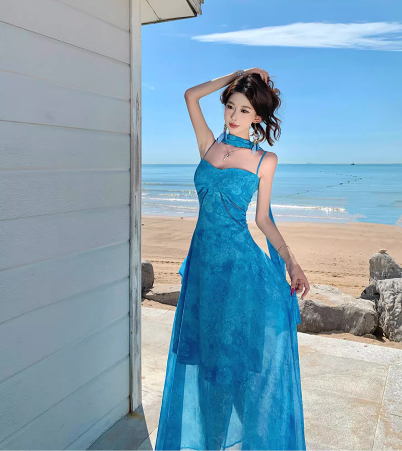 Dopamine Chic Blue Floral Print Tulle Overlay Maxi Dress Vacation Flowy Spaghetti Strap Long Dress AP1130