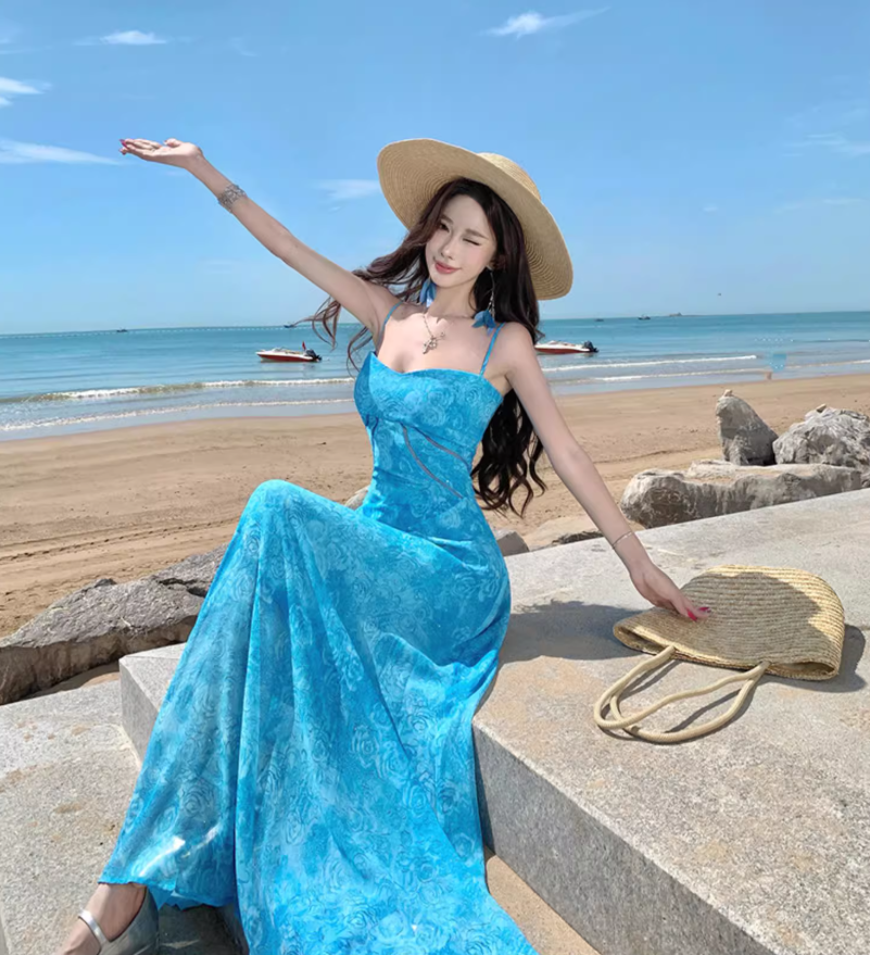 Dopamine Chic Blue Floral Print Tulle Overlay Maxi Dress Vacation Flowy Spaghetti Strap Long Dress AP1130