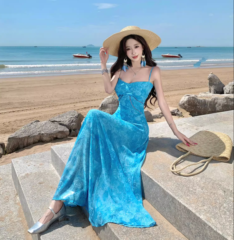 Dopamine Chic Blue Floral Print Tulle Overlay Maxi Dress Vacation Flowy Spaghetti Strap Long Dress AP1130