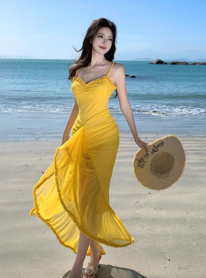 Romantic Yellow Ruched Mesh Maxi Dress Slit Hem Draped Spaghetti Strap Long Dress AP1131