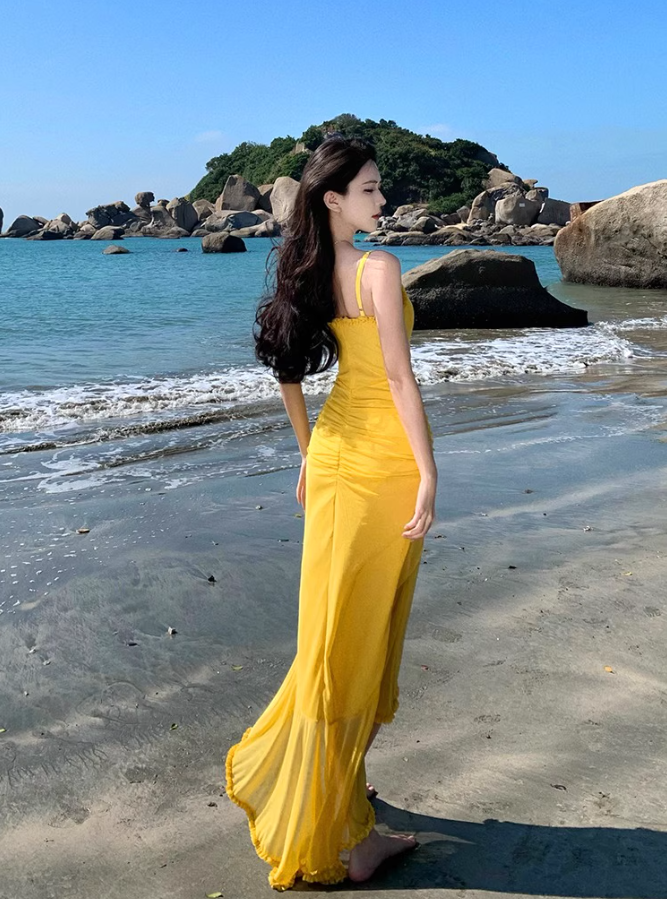 Romantic Yellow Ruched Mesh Maxi Dress Slit Hem Draped Spaghetti Strap Long Dress AP1131