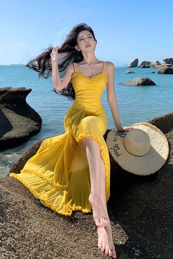 Romantic Yellow Ruched Mesh Maxi Dress Slit Hem Draped Spaghetti Strap Long Dress AP1131