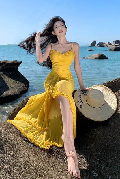 Romantic Yellow Ruched Mesh Maxi Dress Slit Hem Draped Spaghetti Strap Long Dress AP1131