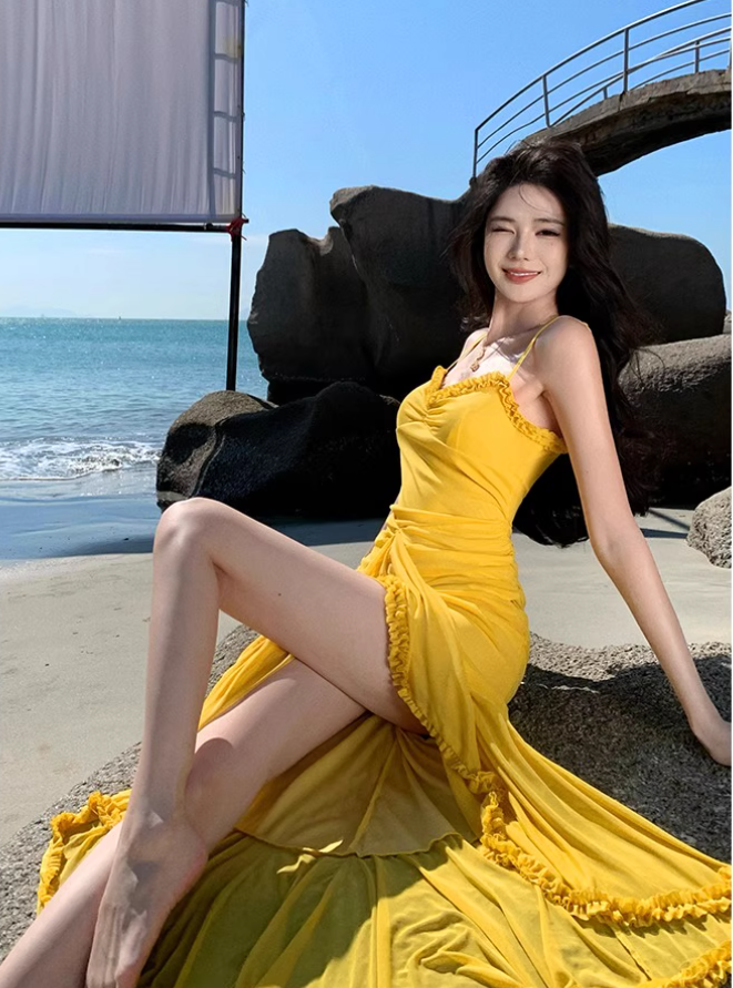 Romantic Yellow Ruched Mesh Maxi Dress Slit Hem Draped Spaghetti Strap Long Dress AP1131