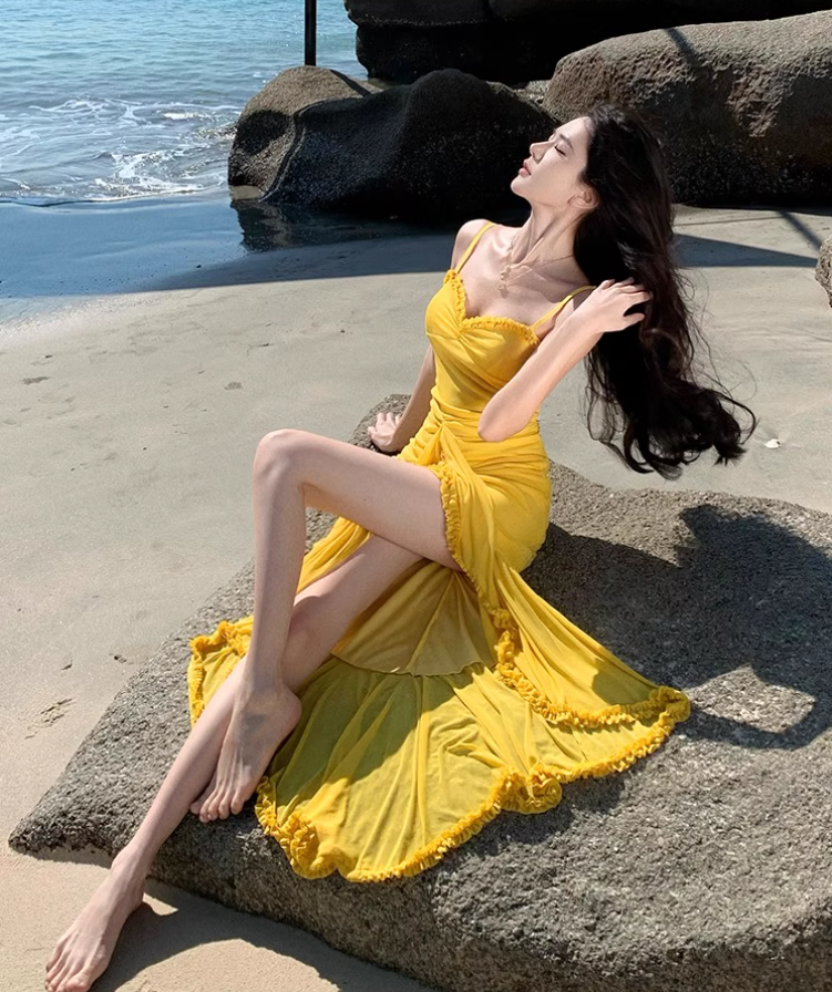 Romantic Yellow Ruched Mesh Maxi Dress Slit Hem Draped Spaghetti Strap Long Dress AP1131