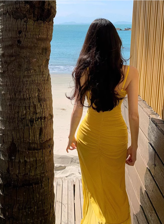 Romantic Yellow Ruched Mesh Maxi Dress Slit Hem Draped Spaghetti Strap Long Dress AP1131