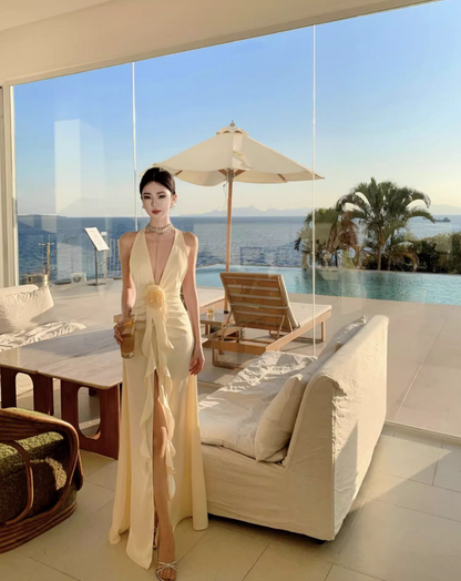 Graceful Deep V-Neck Lustrous Fabric Maxi Dress Flowy Ruffles Hem High-Slit Halter Dress AP1132