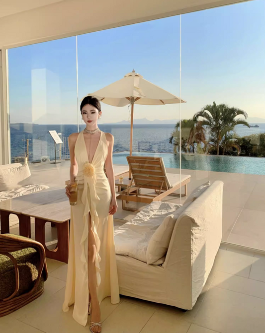 Graceful Deep V-Neck Lustrous Fabric Maxi Dress Flowy Ruffles Hem High-Slit Halter Dress AP1132