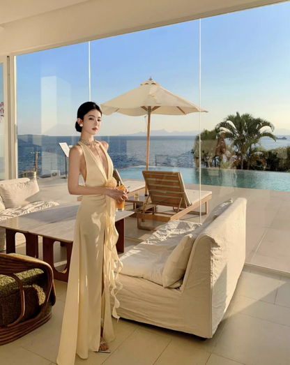 Graceful Deep V-Neck Lustrous Fabric Maxi Dress Flowy Ruffles Hem High-Slit Halter Dress AP1132