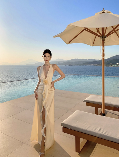 Graceful Deep V-Neck Lustrous Fabric Maxi Dress Flowy Ruffles Hem High-Slit Halter Dress AP1132