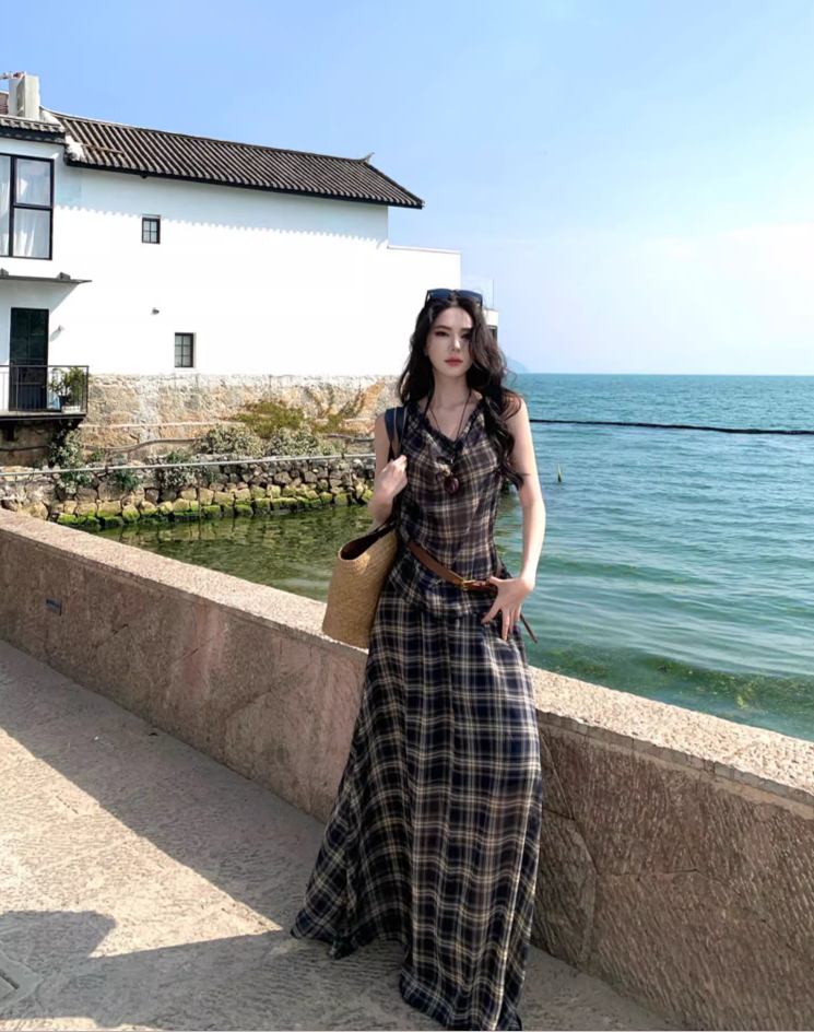 Vintage Coastal Trips Outfit Plaid Printed Long Dress Boho Style Sleeveless Belted Long Dress AP1133