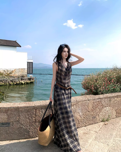 Vintage Coastal Trips Outfit Plaid Printed Long Dress Boho Style Sleeveless Belted Long Dress AP1133