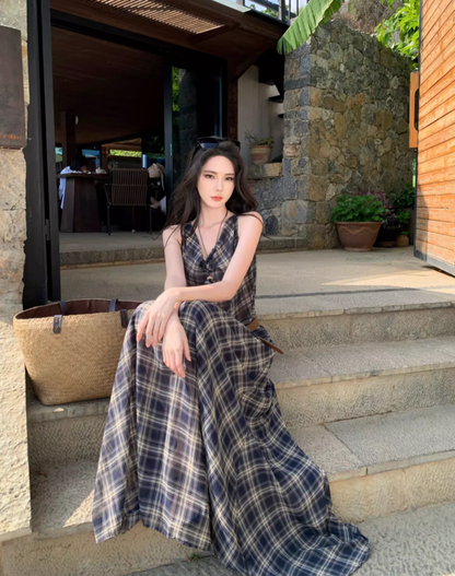 Vintage Coastal Trips Outfit Plaid Printed Long Dress Boho Style Sleeveless Belted Long Dress AP1133