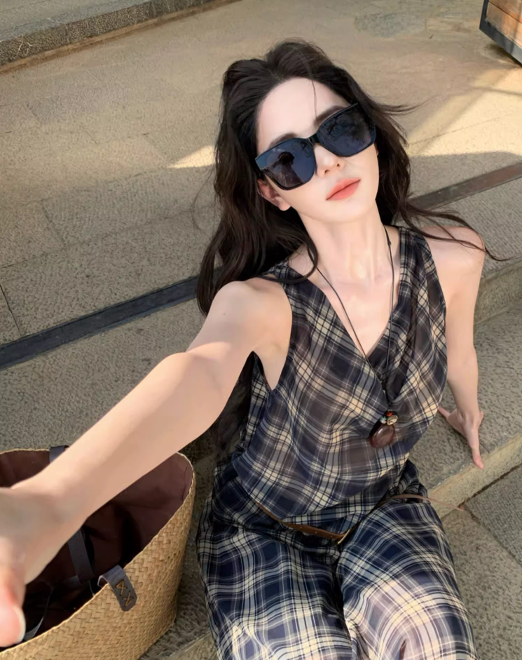 Vintage Coastal Trips Outfit Plaid Printed Long Dress Boho Style Sleeveless Belted Long Dress AP1133