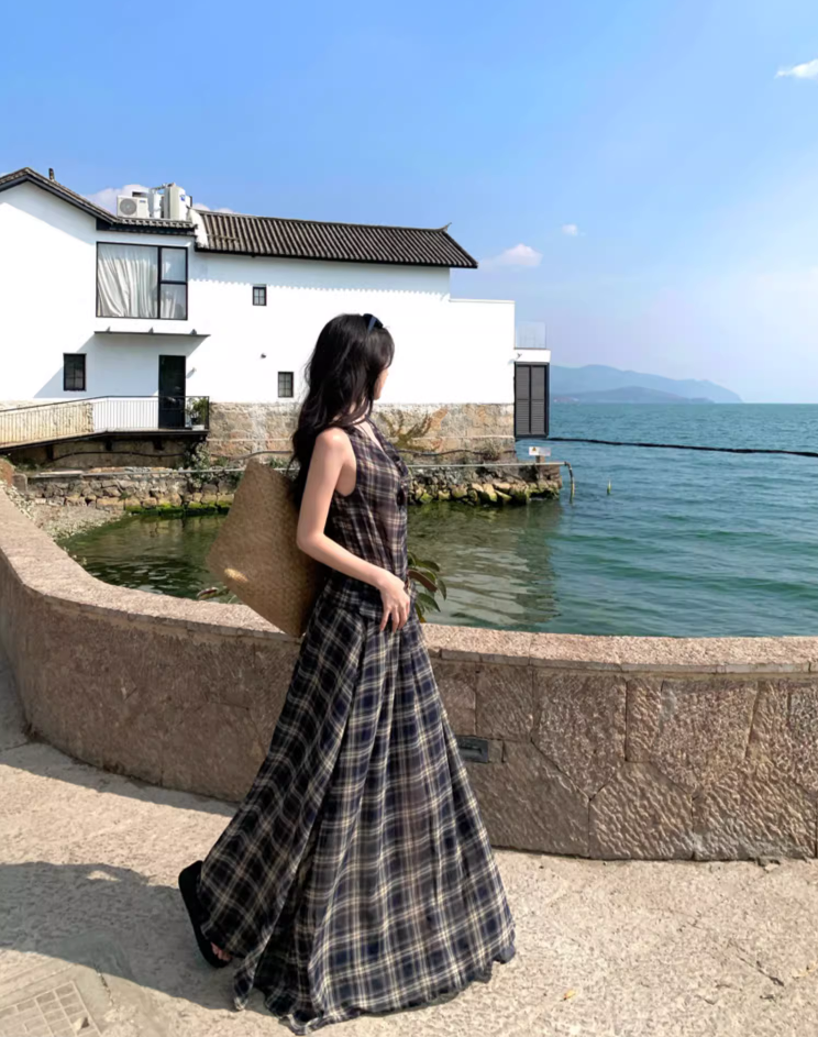Vintage Coastal Trips Outfit Plaid Printed Long Dress Boho Style Sleeveless Belted Long Dress AP1133