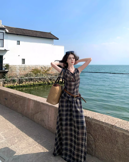 Vintage Coastal Trips Outfit Plaid Printed Long Dress Boho Style Sleeveless Belted Long Dress AP1133