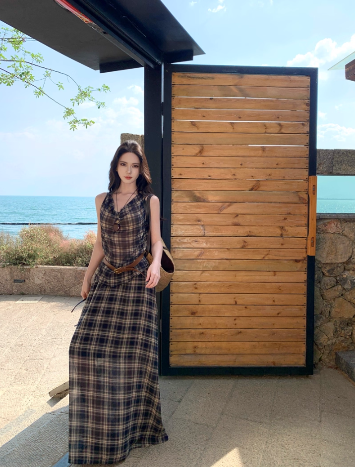 Vintage Coastal Trips Outfit Plaid Printed Long Dress Boho Style Sleeveless Belted Long Dress AP1133