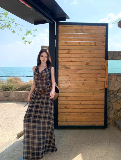 Vintage Coastal Trips Outfit Plaid Printed Long Dress Boho Style Sleeveless Belted Long Dress AP1133