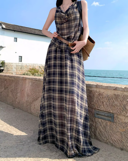 Vintage Coastal Trips Outfit Plaid Printed Long Dress Boho Style Sleeveless Belted Long Dress AP1133