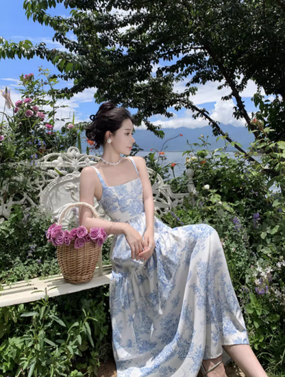 Retro Square Neck Coastal Getaways Maxi Dress Everyday Wear A-Line Blue Floral Print Long Dress AP1134