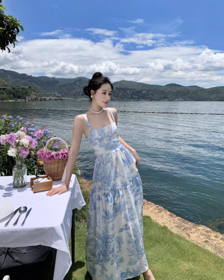 Retro Square Neck Coastal Getaways Maxi Dress Everyday Wear A-Line Blue Floral Print Long Dress AP1134