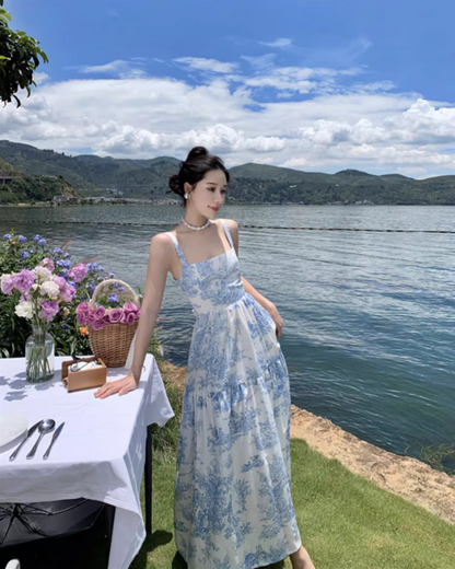 Retro Square Neck Coastal Getaways Maxi Dress Everyday Wear A-Line Blue Floral Print Long Dress AP1134
