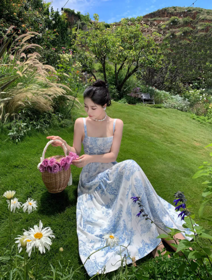 Retro Square Neck Coastal Getaways Maxi Dress Everyday Wear A-Line Blue Floral Print Long Dress AP1134