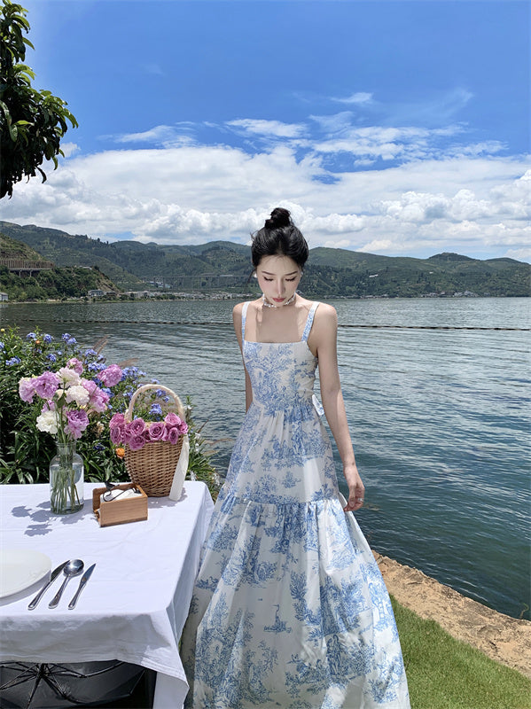 Retro Square Neck Coastal Getaways Maxi Dress Everyday Wear A-Line Blue Floral Print Long Dress AP1134