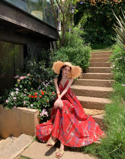 Vintage Red Plaid Coastal Getaways Maxi Dress Everyday Wear Loose Style Long Dress AP1135