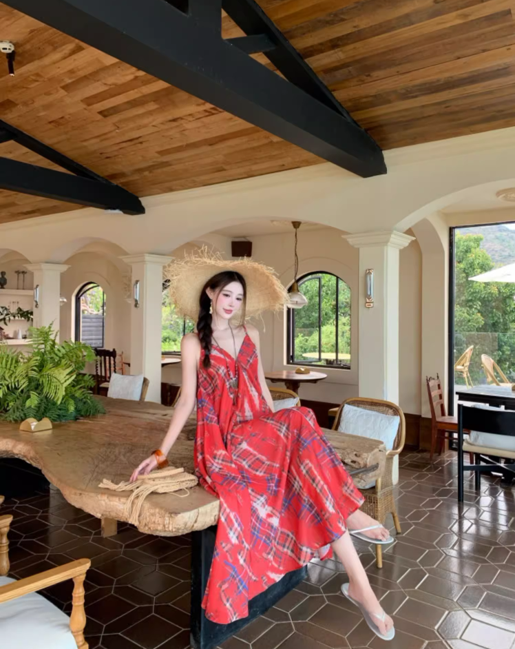 Vintage Red Plaid Coastal Getaways Maxi Dress Everyday Wear Loose Style Long Dress AP1135