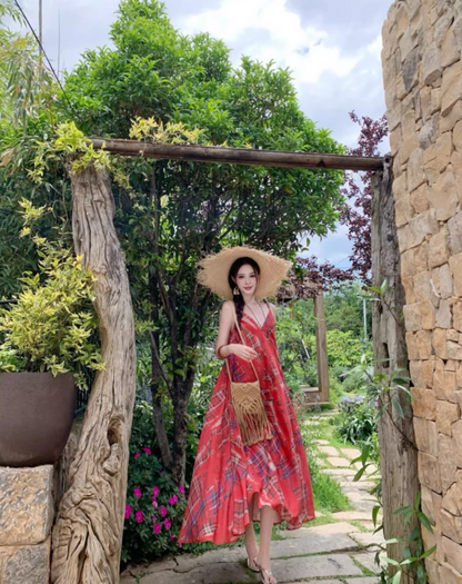 Vintage Red Plaid Coastal Getaways Maxi Dress Everyday Wear Loose Style Long Dress AP1135