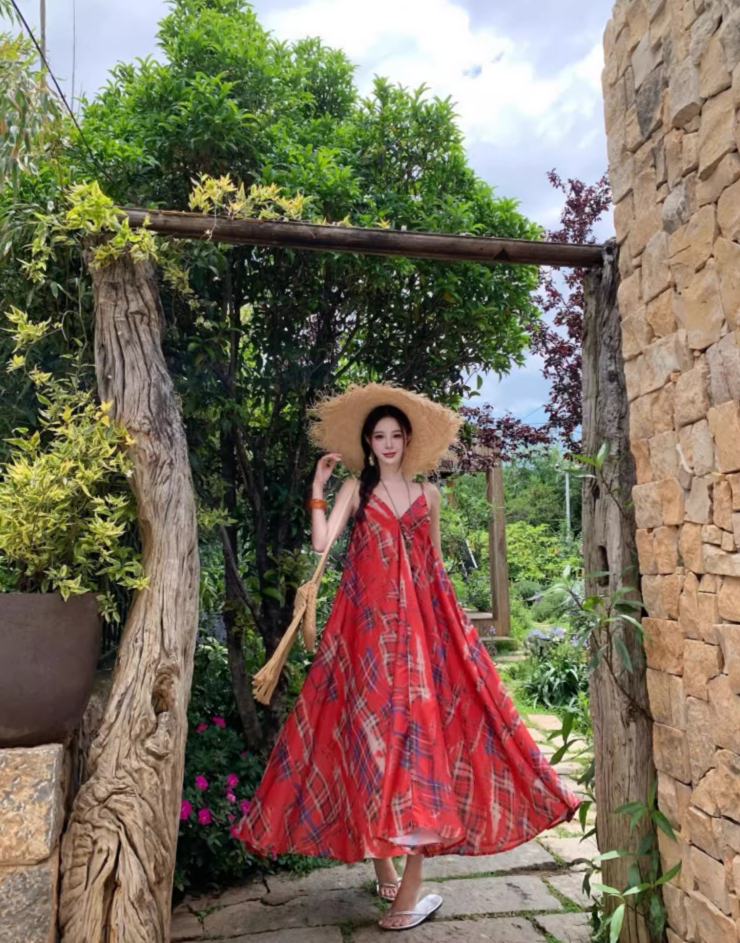 Vintage Red Plaid Coastal Getaways Maxi Dress Everyday Wear Loose Style Long Dress AP1135