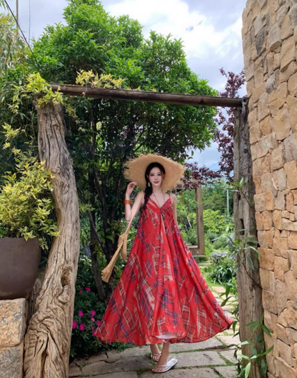 Vintage Red Plaid Coastal Getaways Maxi Dress Everyday Wear Loose Style Long Dress AP1135