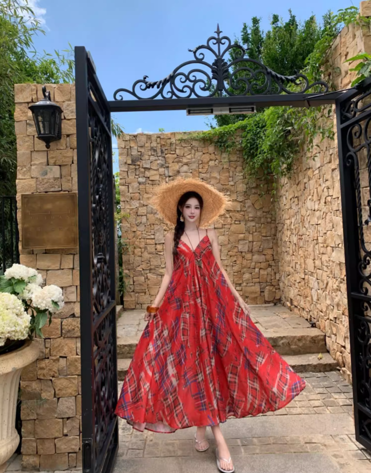 Vintage Red Plaid Coastal Getaways Maxi Dress Everyday Wear Loose Style Long Dress AP1135