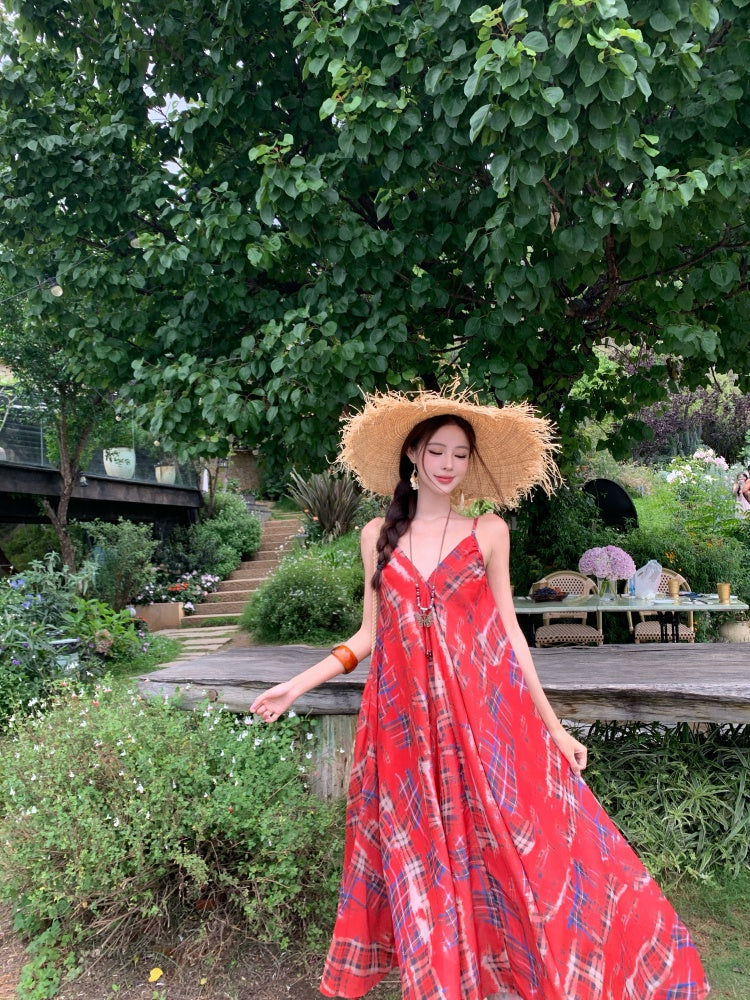 Vintage Red Plaid Coastal Getaways Maxi Dress Everyday Wear Loose Style Long Dress AP1135