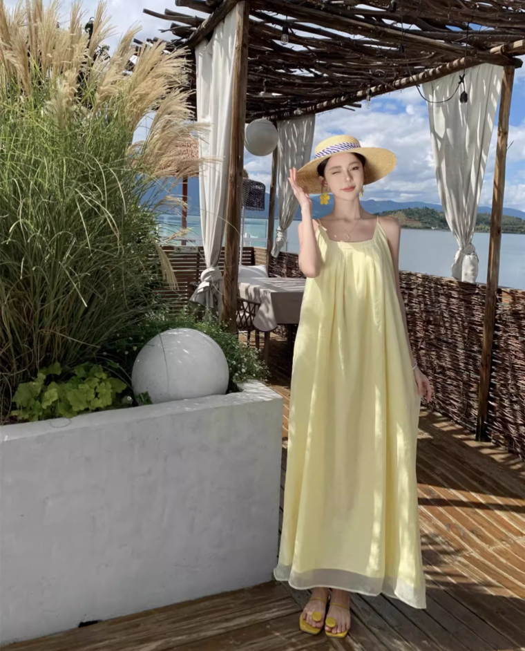 Vibrant Minimalist Yellow Flowy Square Neck Maxi Dress Tulle Overlay Loose Style Long Dress AP1136