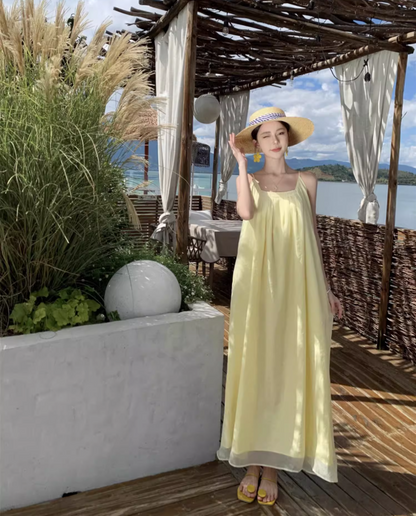Vibrant Minimalist Yellow Flowy Square Neck Maxi Dress Tulle Overlay Loose Style Long Dress AP1136